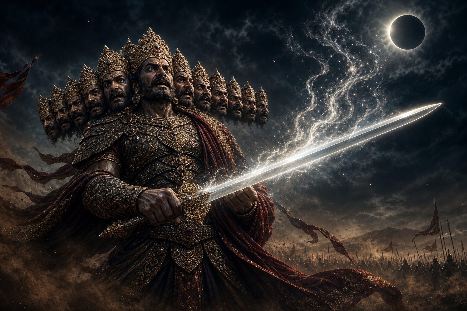 Ravana grips a straight, undamaged sword on a moonlit battlefield while pale ribbons of light detach from the blade and fade into the sky.