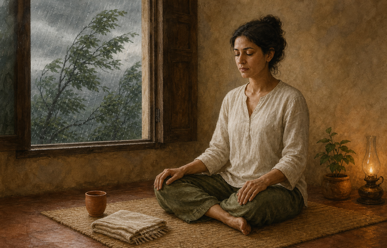 A seated adult breathes calmly on a woven mat near an open window while rain moves the trees outside.