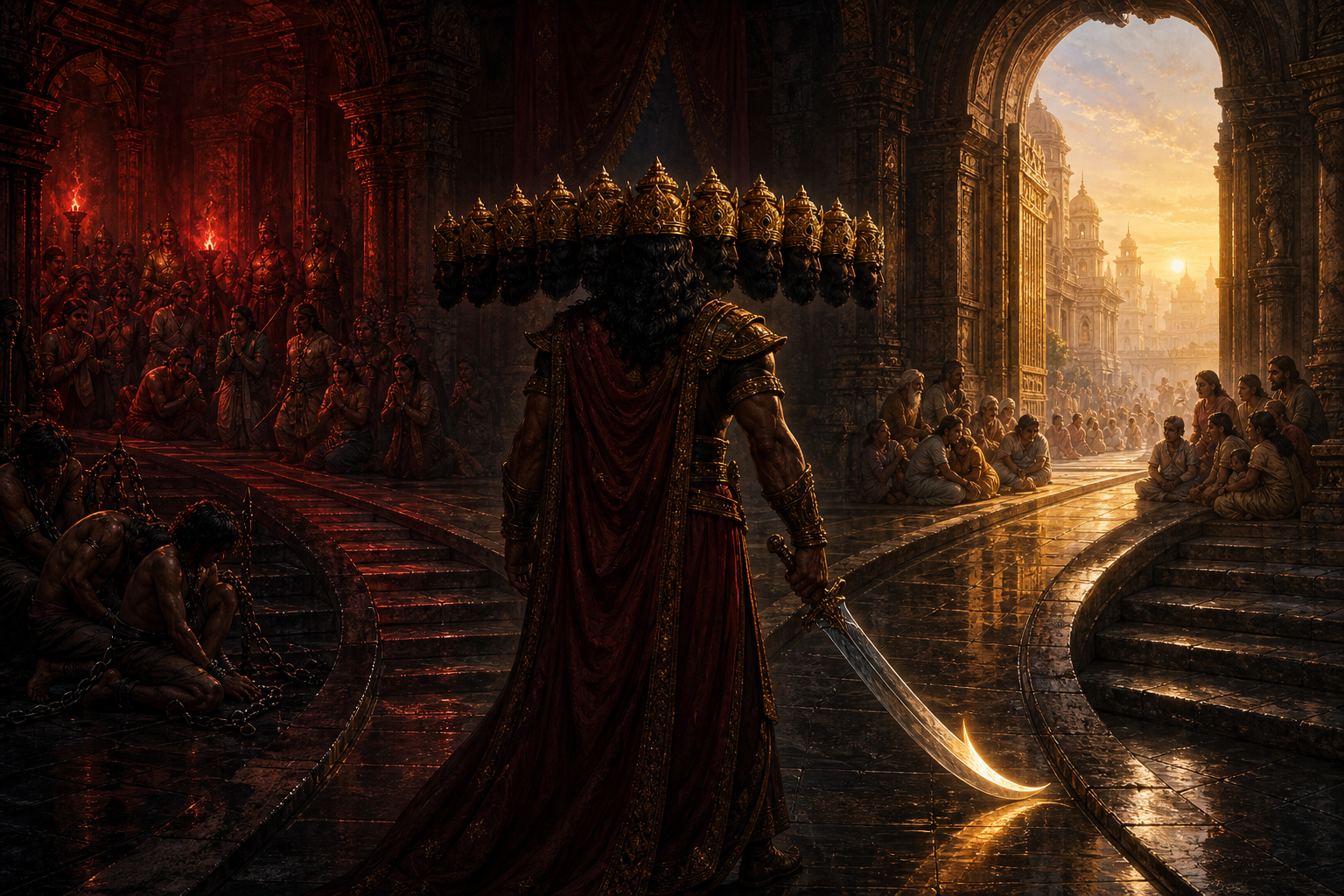 Ravana stands with a lowered sword between a red-lit route toward captives and a dawn-lit route toward sheltered citizens.
