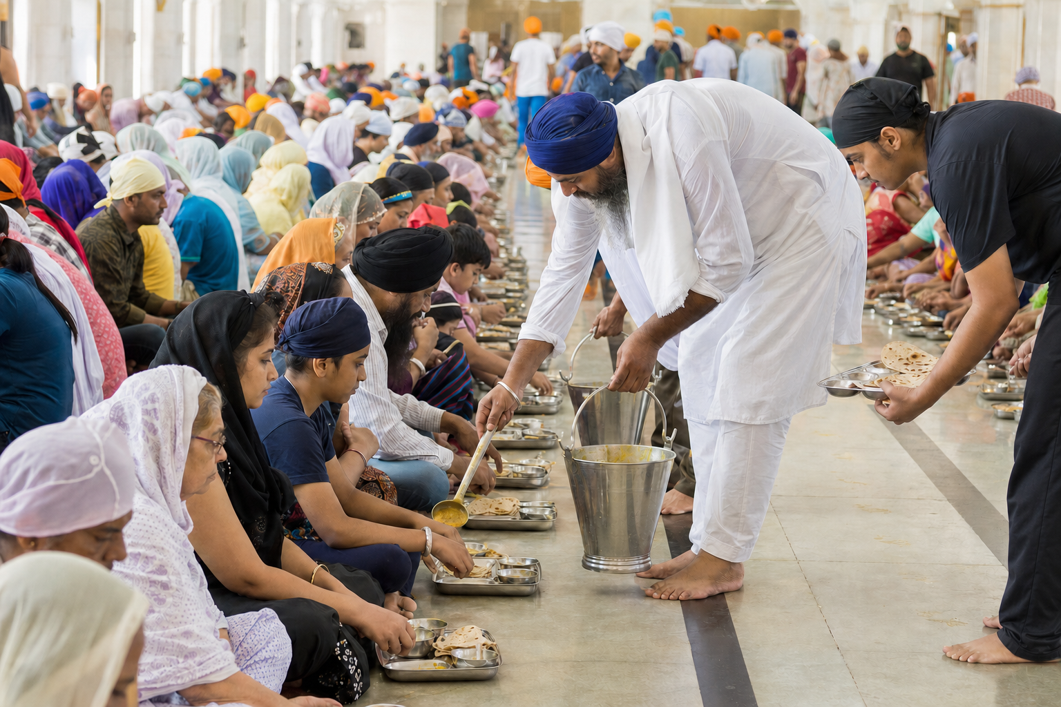Volunteers serve dal and roti to diverse diners seated in equal rows on the floor of the Golden Temple langar hall.