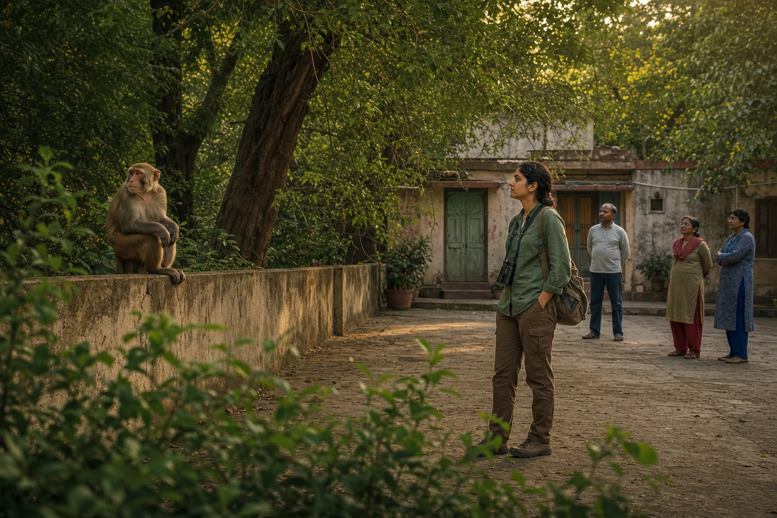 A wildlife volunteer and several residents quietly observe a macaque on a courtyard wall while keeping their distance and leaving its path to the trees open.