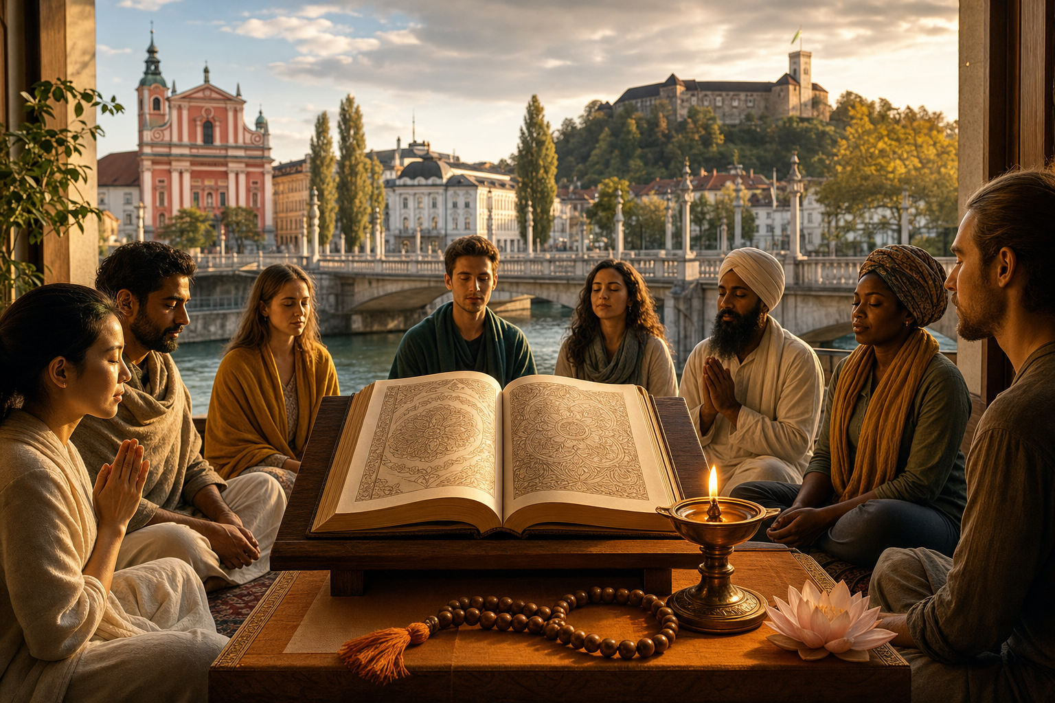 Open Bhagavad Gita with oil lamp and diverse seekers overlooking Ljubljana