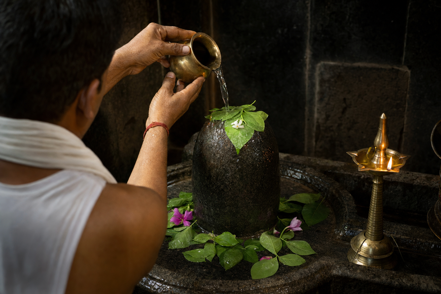 A pilgrim pours Ganga water over a dark stone Shivalinga adorned with bilva leaves inside a temple sanctum.