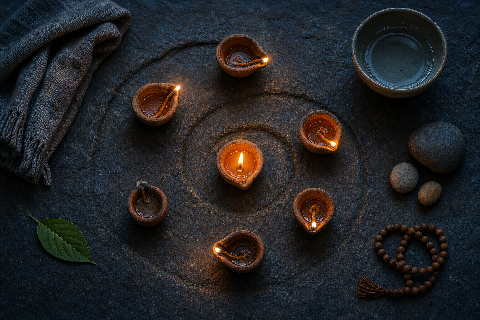 Seven small clay lamps form a spiral on a stone floor beside a bowl of water, wooden beads, smooth stones and a folded cloth.