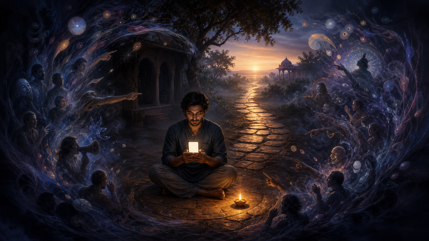 A person holding a glowing phone sits beside an oil lamp while swirling figures and branching paths surround a clear stone path toward dawn.