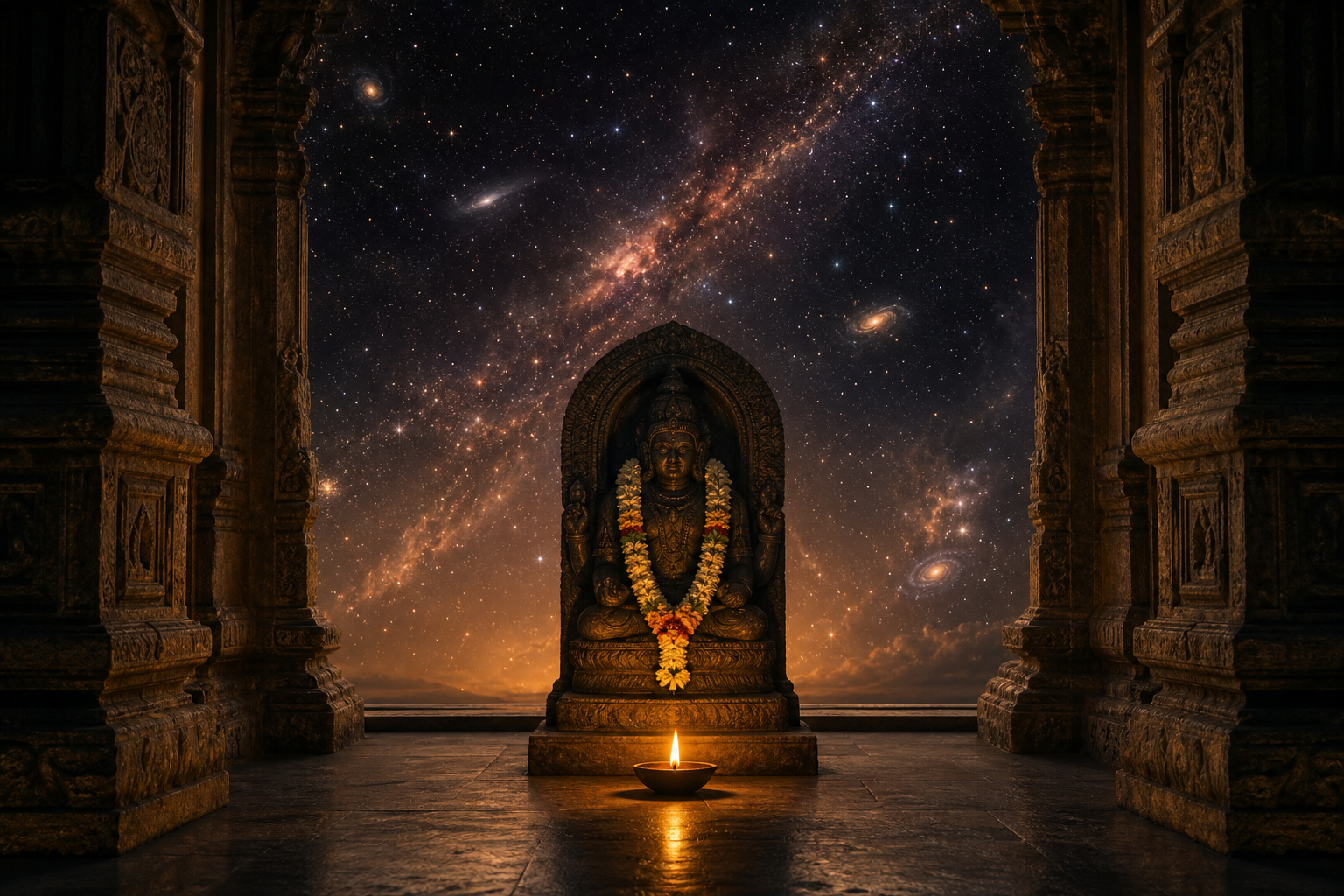 A flower-adorned stone murti illuminated by an oil lamp in a temple sanctum that opens visually into a star-filled cosmic expanse.