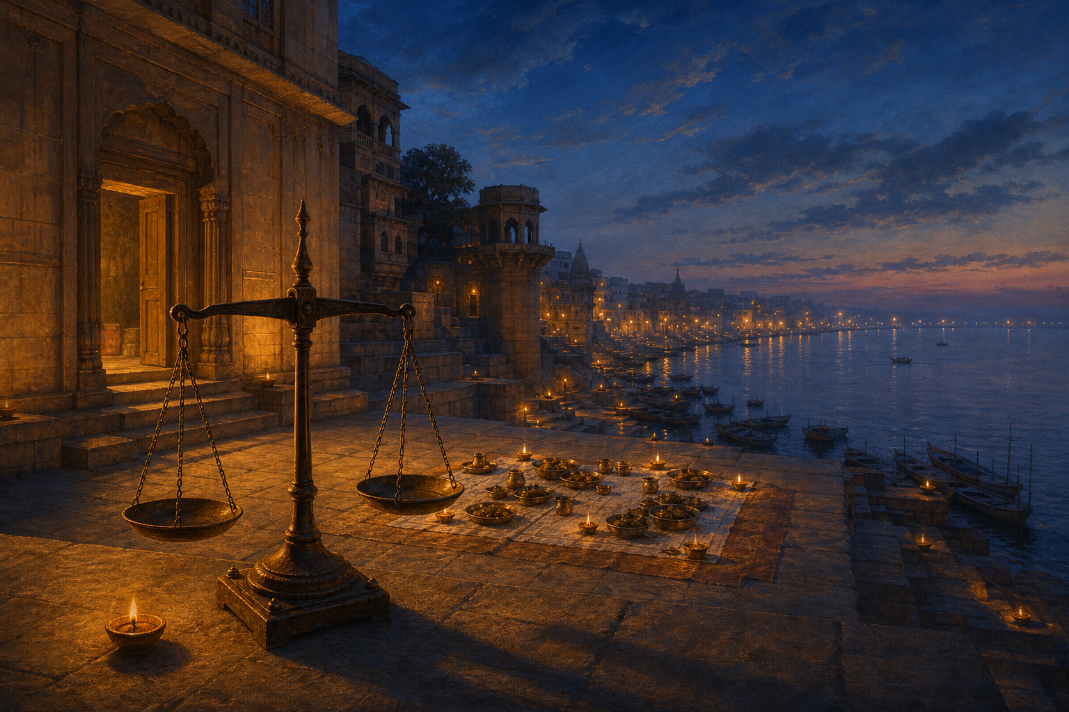 Editorial illustration of Varanasi's sandstone ghats at twilight, with a simple communal meal near the Ganga and an empty balance scale in the foreground.