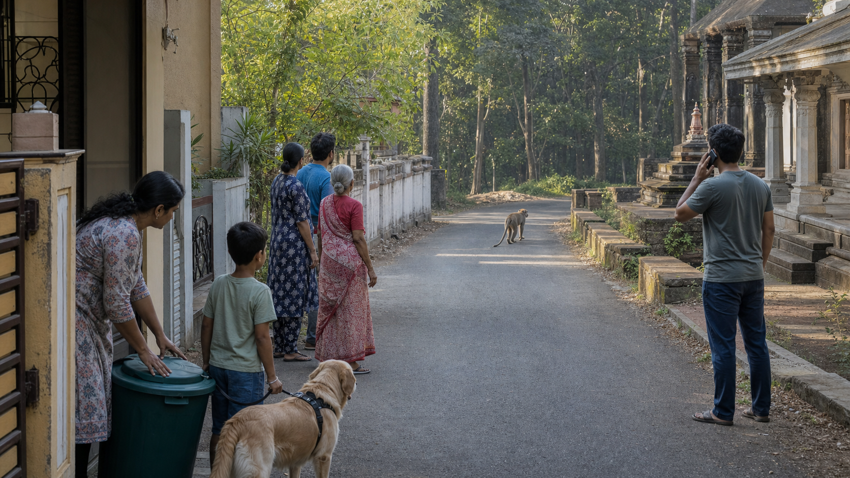 Residents secure food waste, guide a child and leashed dog indoors, and leave a clear route for a macaque to return to a wooded grove.