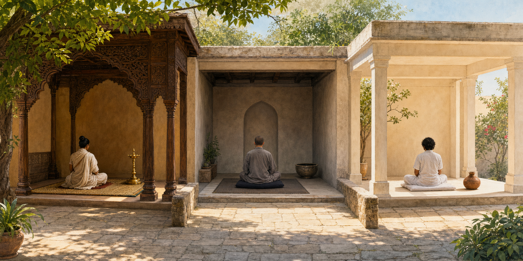 Three practitioners occupy separate practice spaces around a shared sunlit courtyard, each with distinct furnishings and architectural details.