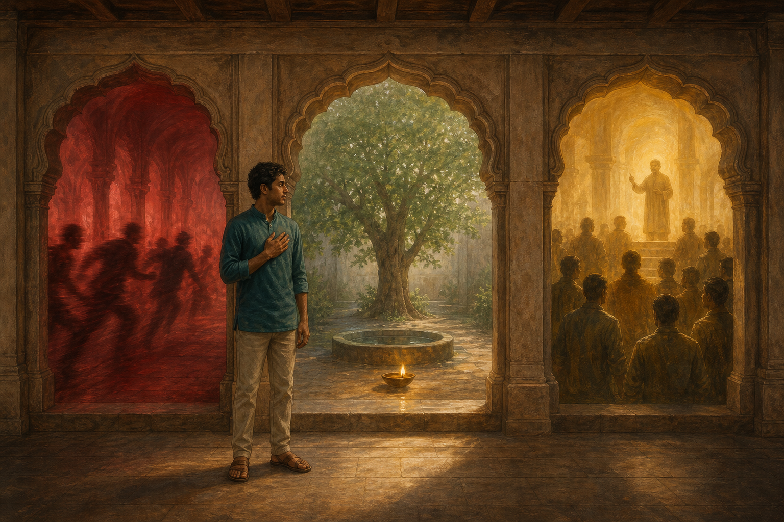 A person pauses before three archways leading toward rushing figures, an admired speaker, and a quiet lamp-lit courtyard.