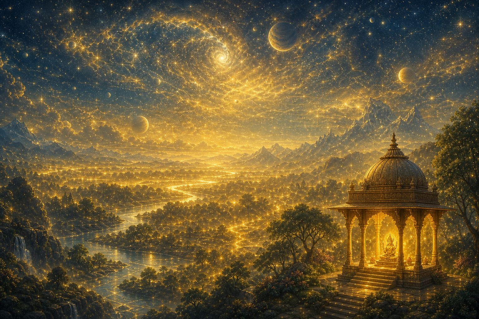 Golden light fills a cosmic landscape and also gathers around a sacred form in a small open temple pavilion.