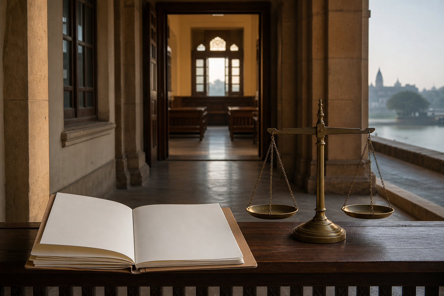 A blank case file and balanced scales sit on a wooden bench outside a softly lit courtroom, with a riverfront silhouette visible through a window.
