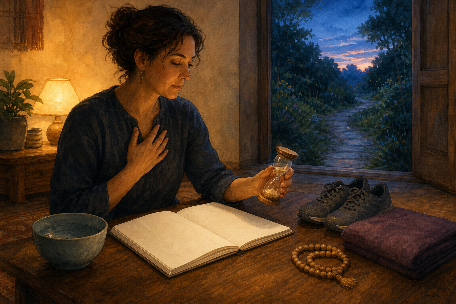 An adult sits at a low table with a blank notebook, sand timer, water bowl, cushion, beads and walking shoes as the evening sky clears outside.
