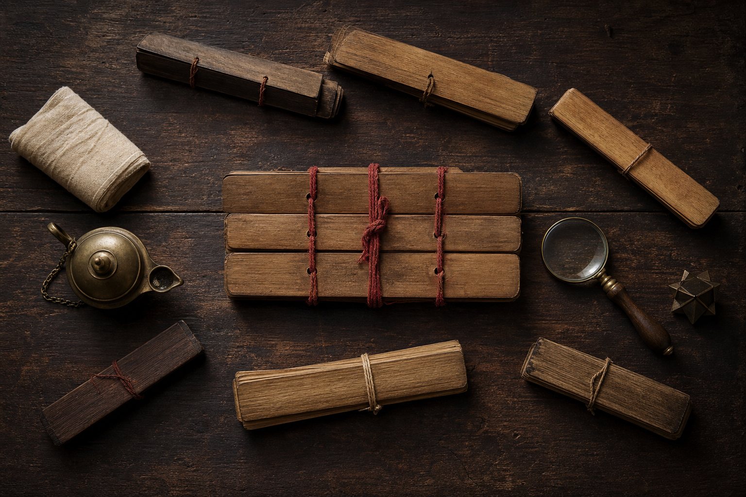 Palm-leaf manuscript bundles, a bronze lamp, a magnifying lens, and a geometric ritual object rest on a dark wooden table.