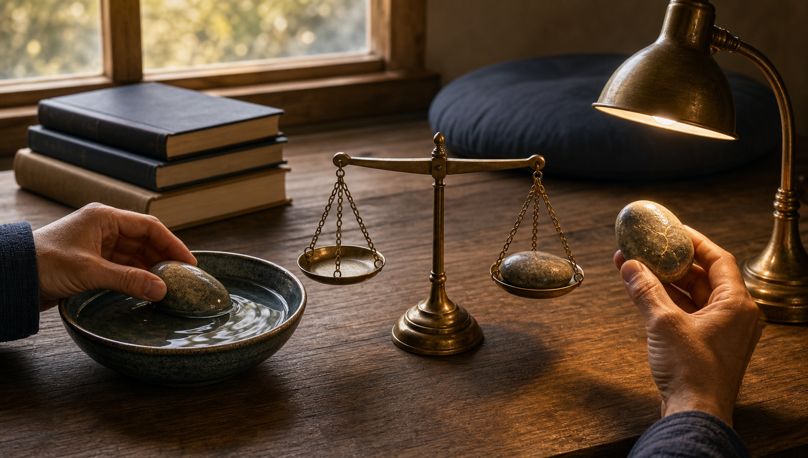 Hands test a stone with a bowl of clear water, a brass balance scale, and an oil lamp on a wooden table.