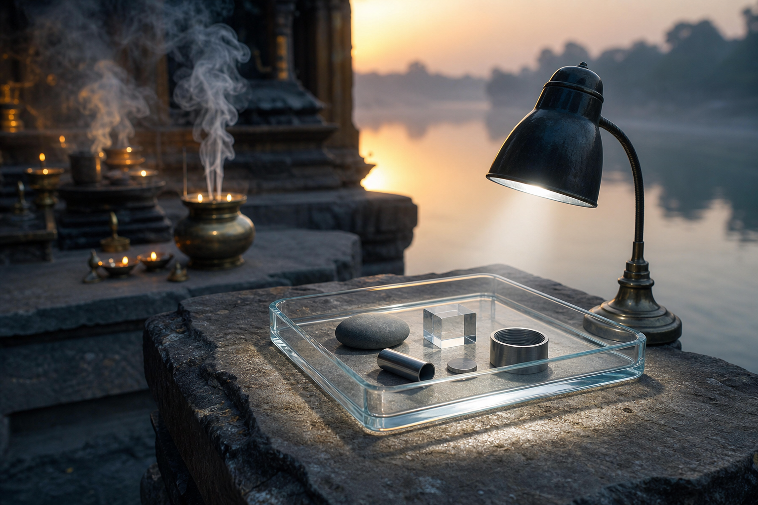 An unmarked evidence tray is lit sharply on a stone platform beside a river, while soft lamp light and incense smoke appear in the background.