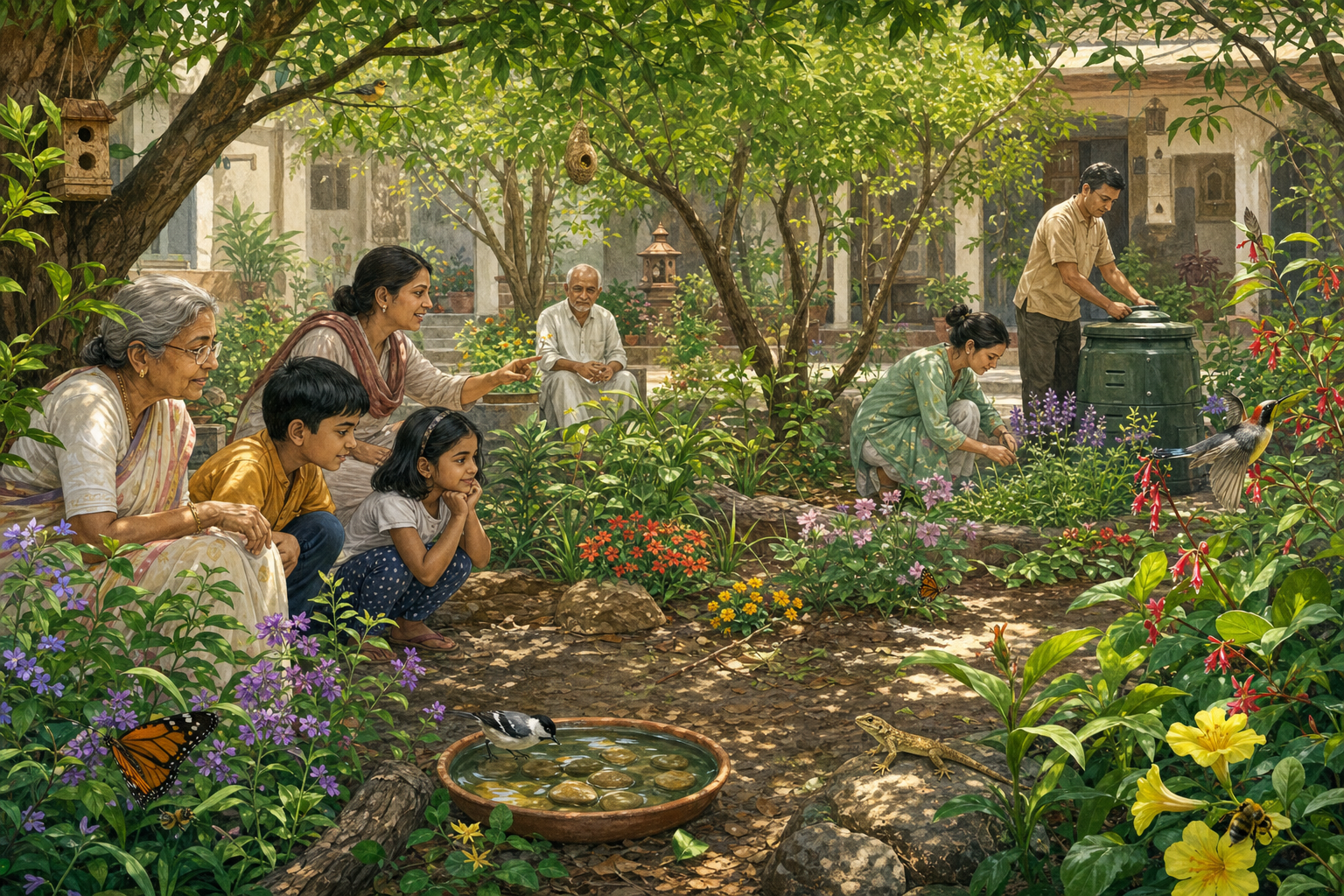 Children and elders observe birds, pollinators, and a garden lizard in a native habitat garden within a shaded religious community courtyard.