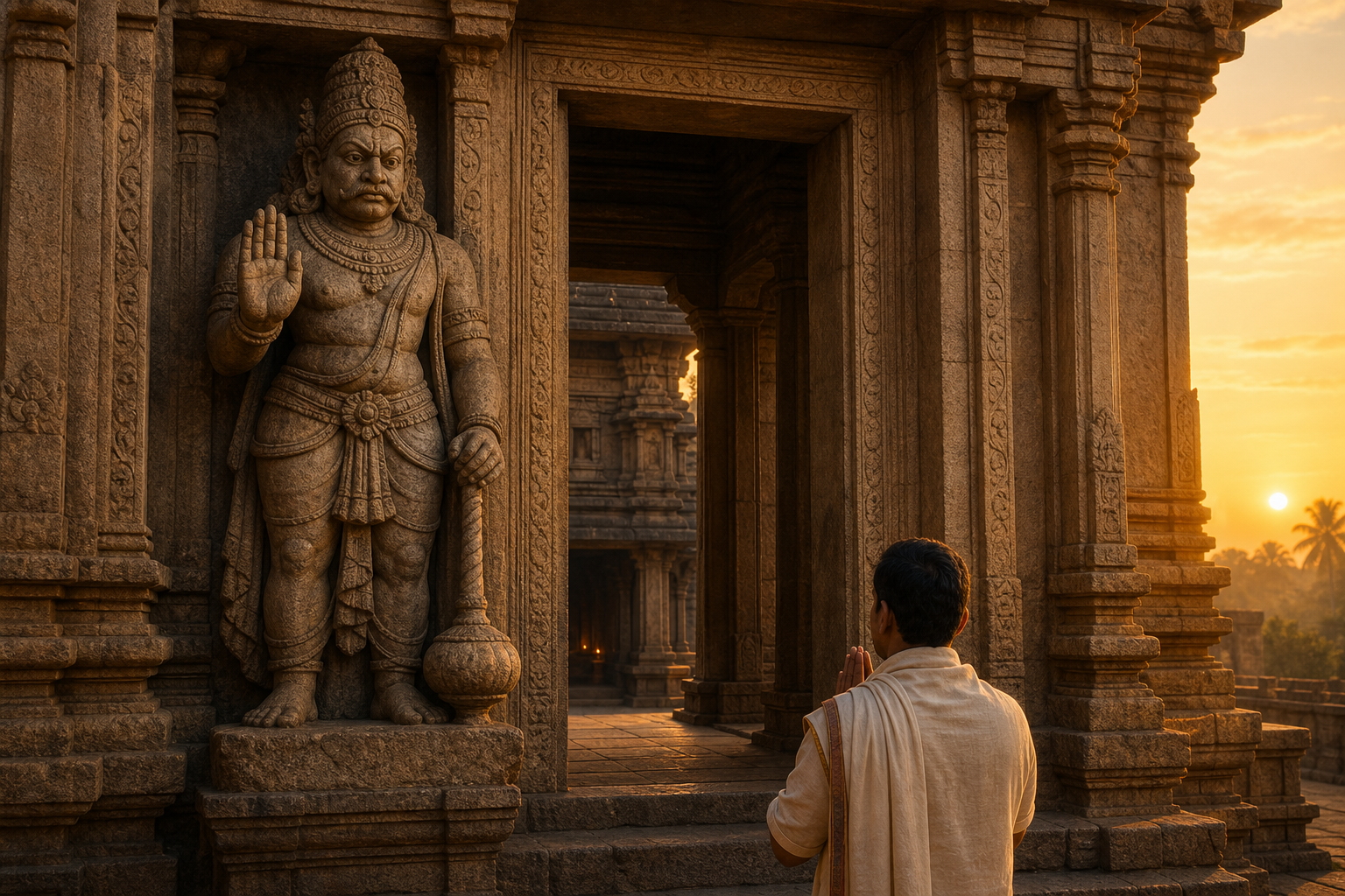 A devotee with joined hands approaches an eastern temple doorway beside a fierce stone guardian holding a mace and raising an open palm in the dawn light.