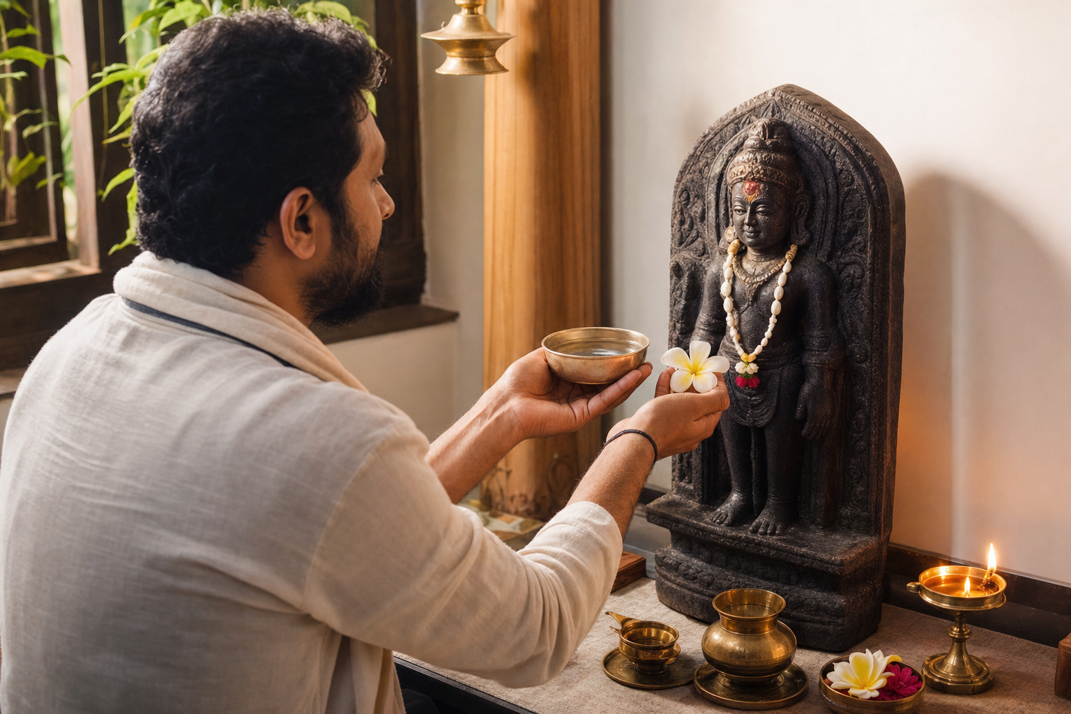 A seated devotee offers water and a flower to a simply adorned stone murti in a quiet home shrine.