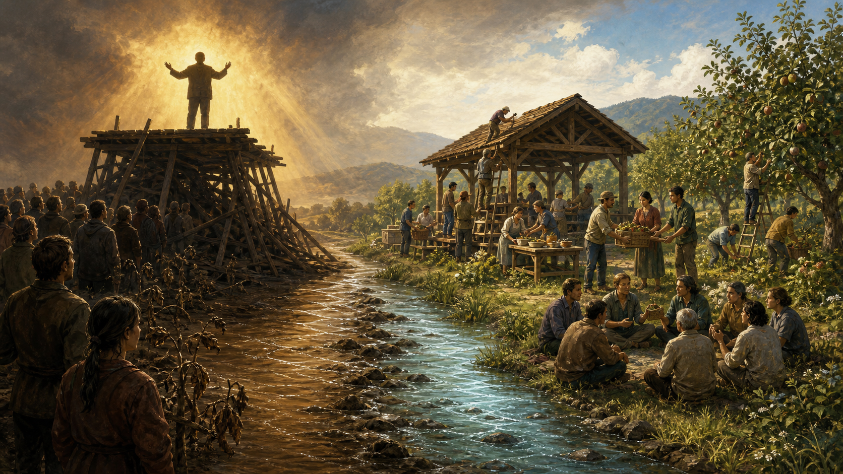 A brightly lit speaker and crowd stand near weak supports, while a community tends an orchard and repairs a sturdy pavilion nearby.