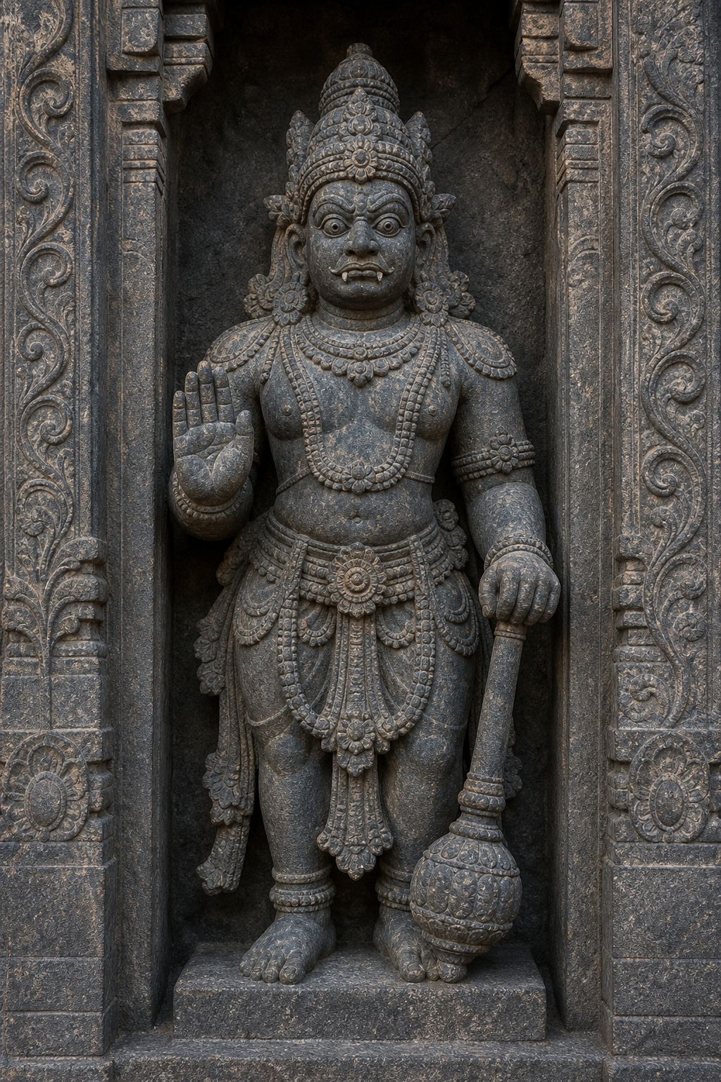 A weathered stone doorway guardian stands in a carved niche with small canines, a tall headdress, ornaments, a grounded mace, and one raised palm.