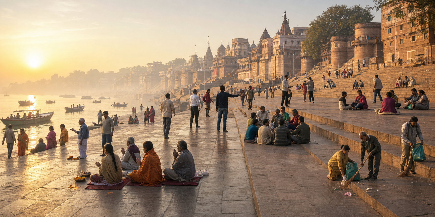 Different groups peacefully share organized areas of Varanasi's riverfront while plain-clothed civic stewards guide visitors along the sandstone steps.