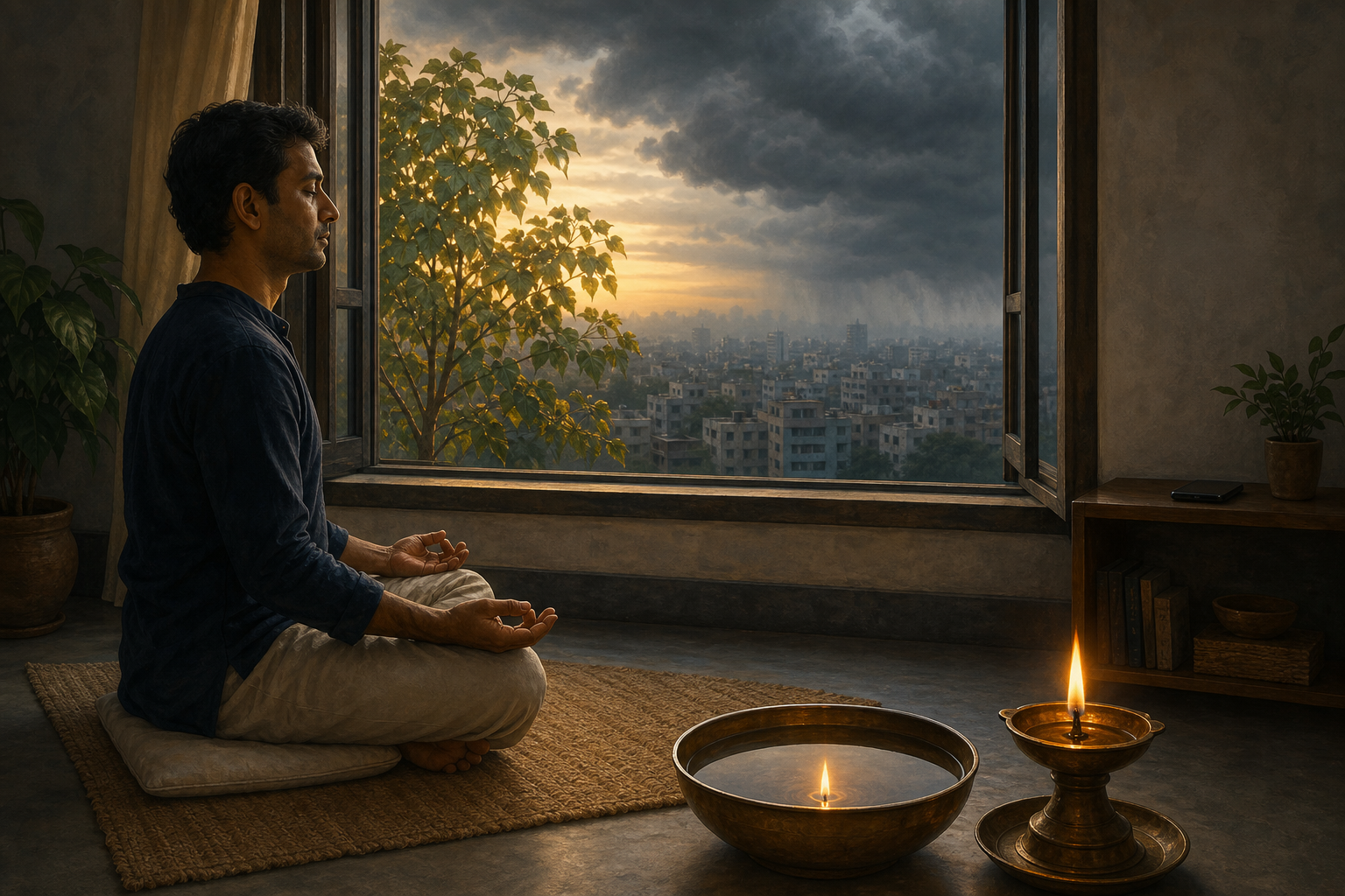 A person meditates at dawn beside a steady oil lamp and still water while a face-down phone rests across the room and storm clouds gather outside.