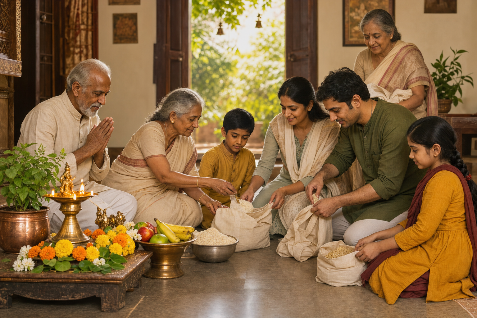 A family prepares bags of rice and household provisions for charity beside a simple lamp, flowers, fruit, and copper vessel arranged for worship.