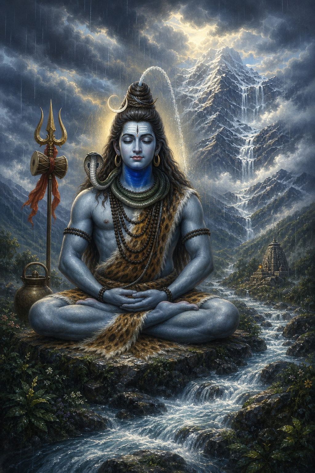 A devotional illustration shows Shiva with a blue throat meditating in the Himalayas as monsoon rain feeds a river below.