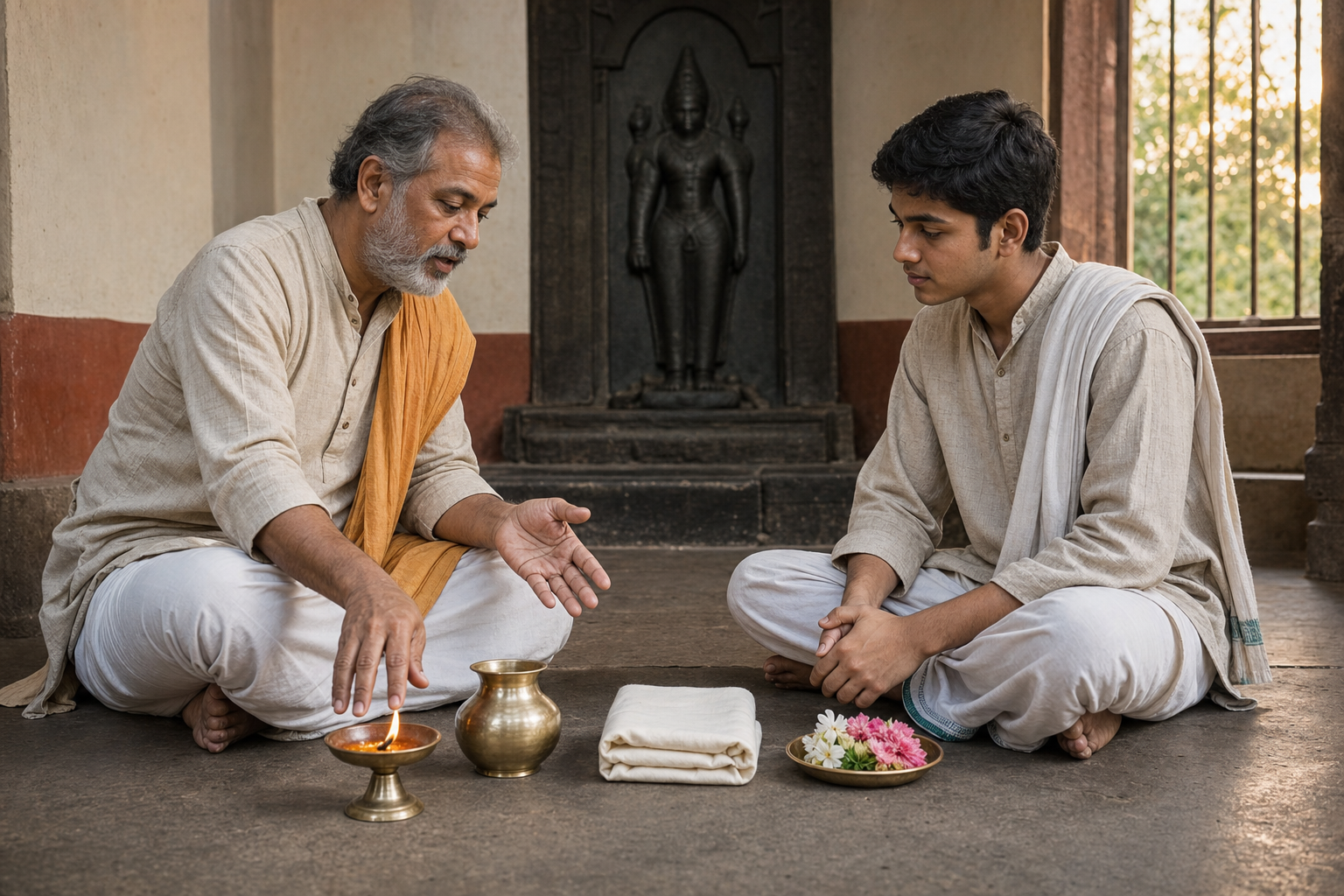 An elder shows a novice how to prepare a lamp, water vessel, cloth, and flowers beside a modest shrine.