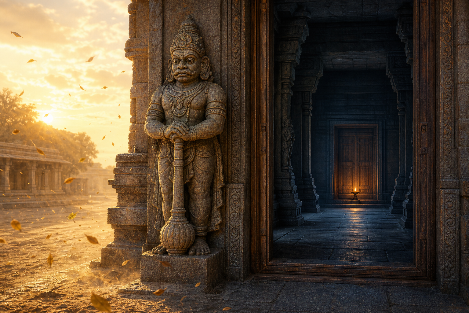 A stone guardian stands at a sunrise-lit temple threshold between a windswept outer court and a calm inner passage with a distant oil lamp.