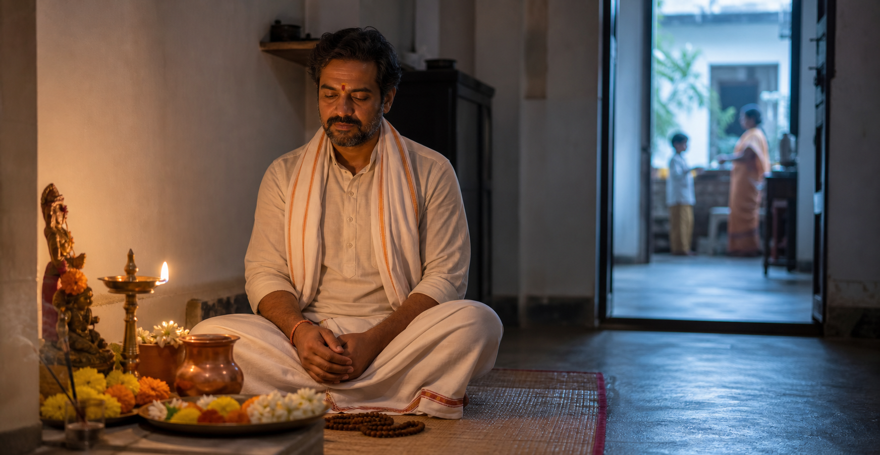 An adult practitioner sits quietly before a small home altar with an oil lamp, flowers, incense, prayer beads, and a water vessel at dawn.