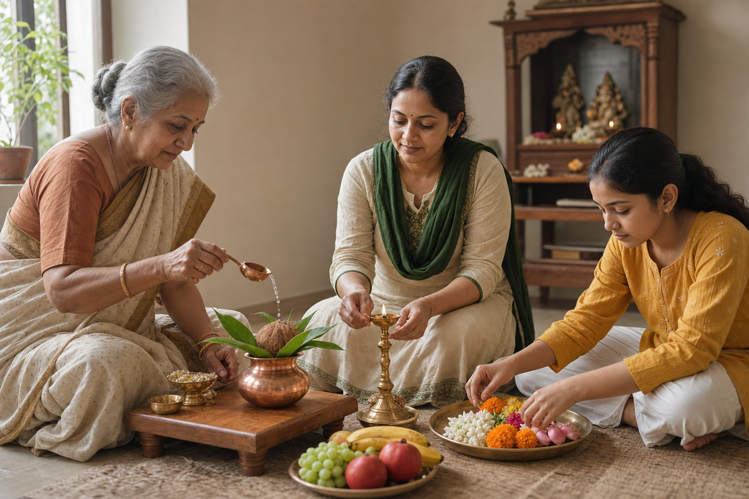 Three generations of a family light a lamp and arrange water, flowers, and fruit during a simple household observance.