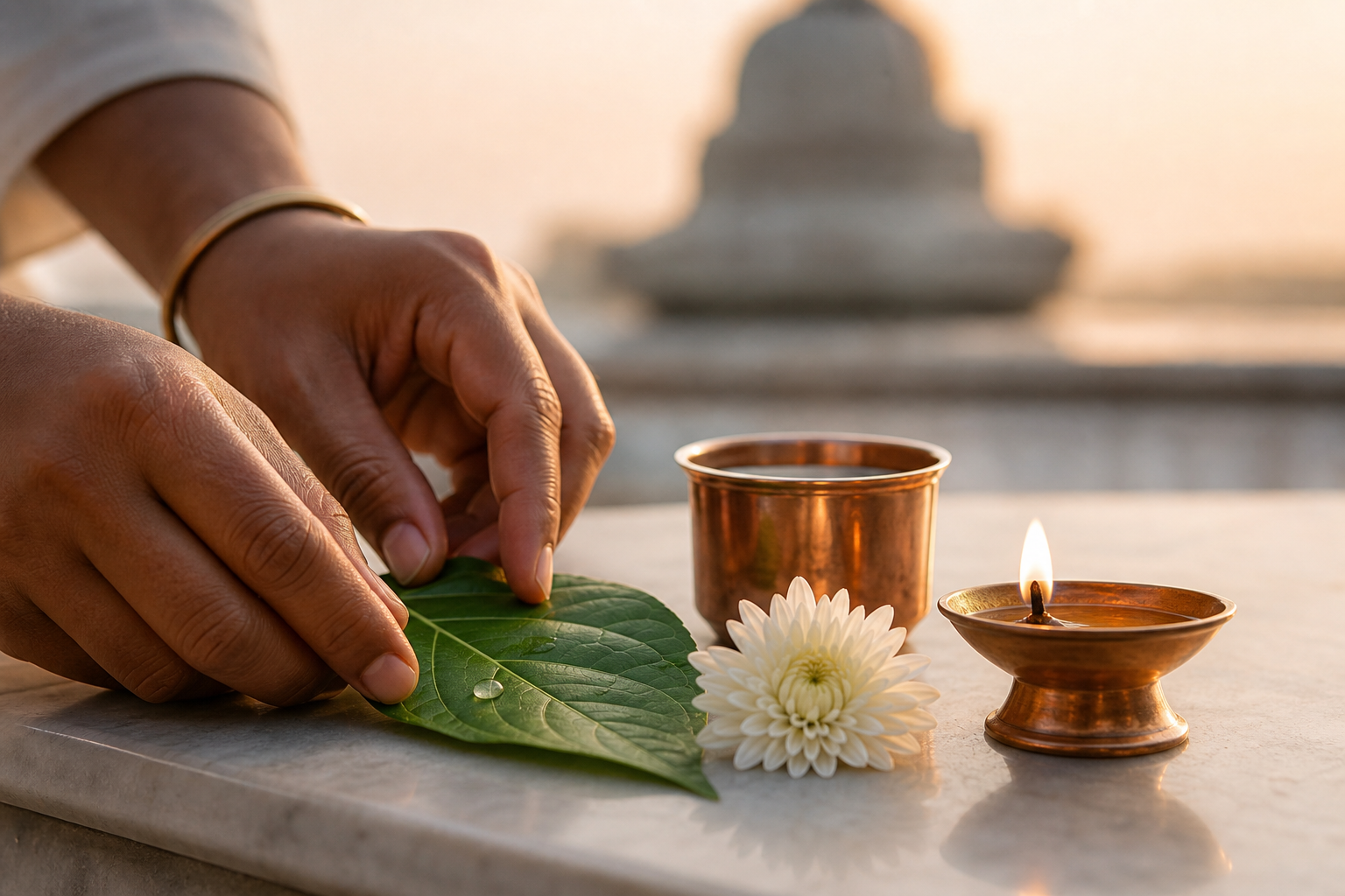 Careful hands arrange a leaf, flower, water cup, and oil lamp on a clean stone altar before a softly blurred sacred form.