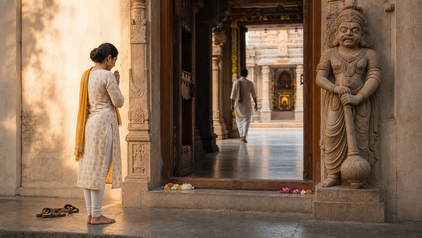 A barefoot devotee pauses with joined hands before entering a temple doorway watched by a vigilant stone guardian with a resting mace.