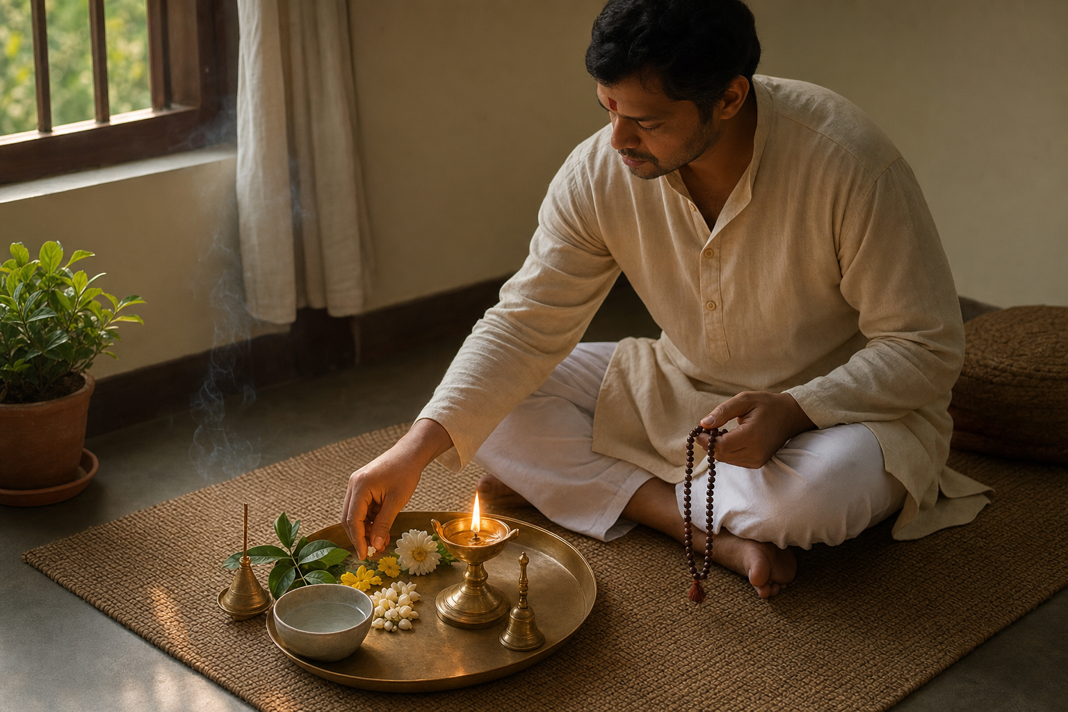 A practitioner sits at an uncluttered home practice space with a brass lamp, flowers, water, prayer beads, and a meditation mat arranged together.