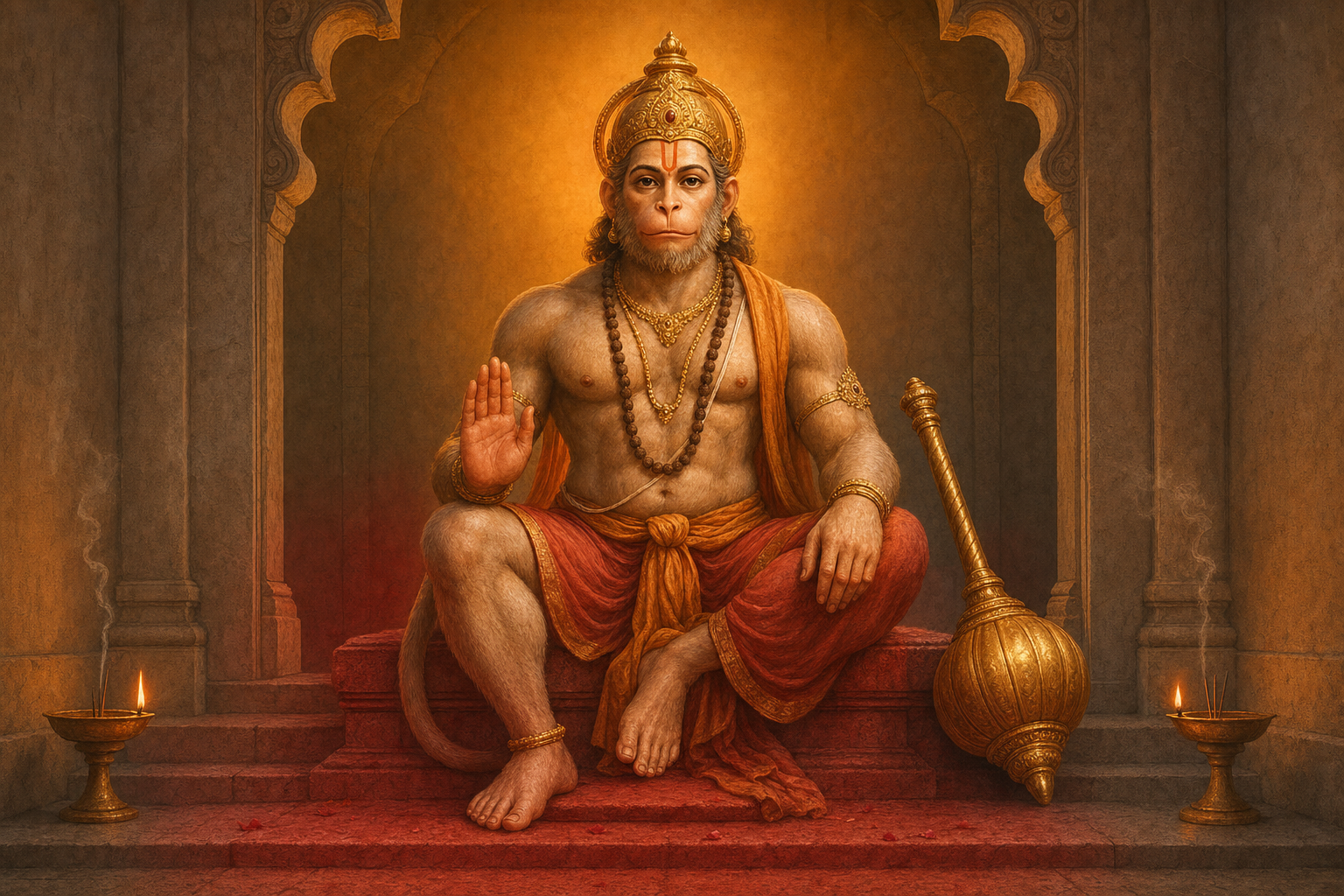 Hanuman sits calmly in a temple alcove with a mace beside him, surrounded by saffron light above and scarlet light near his open hand and feet.