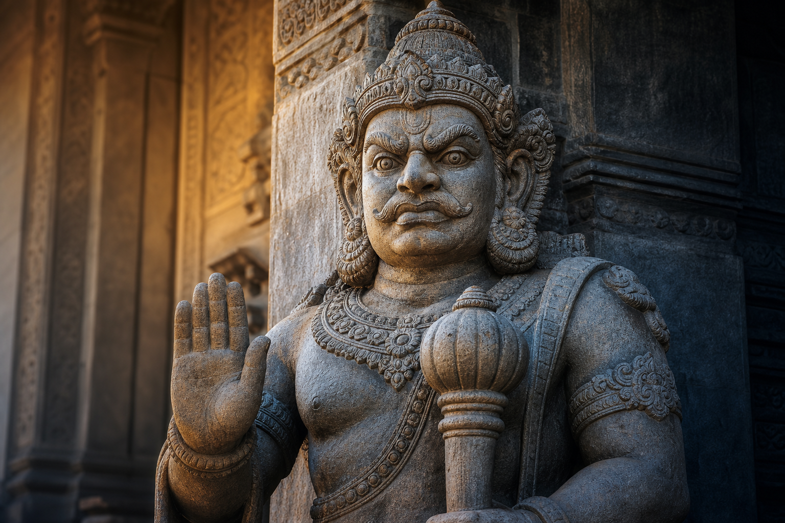 A close view of a fierce stone temple guardian with focused eyes, small canines, a raised protective palm, and a mace held upright at rest.