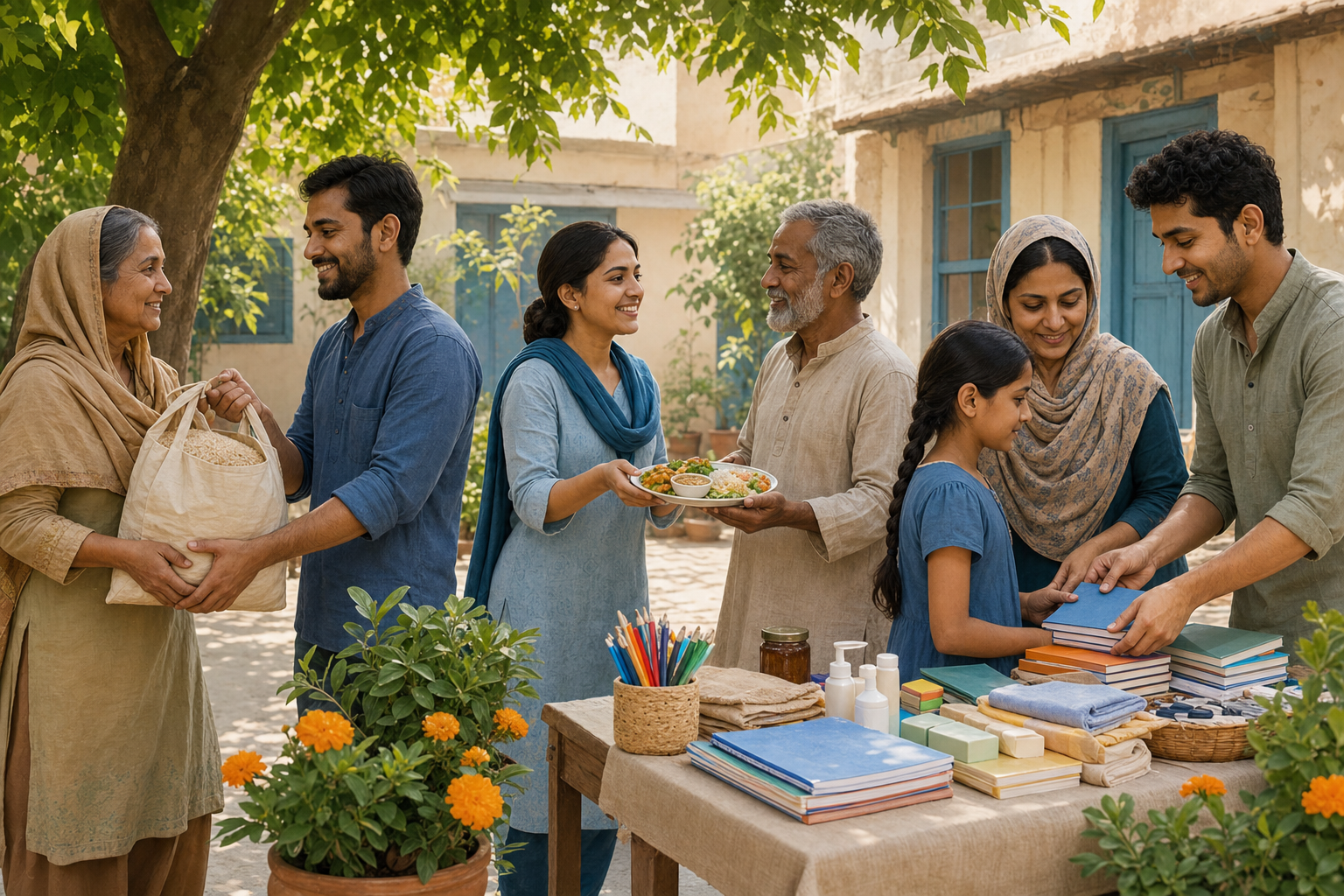 Volunteers and community members exchange grain, prepared food, school supplies, and care items in a shaded courtyard.