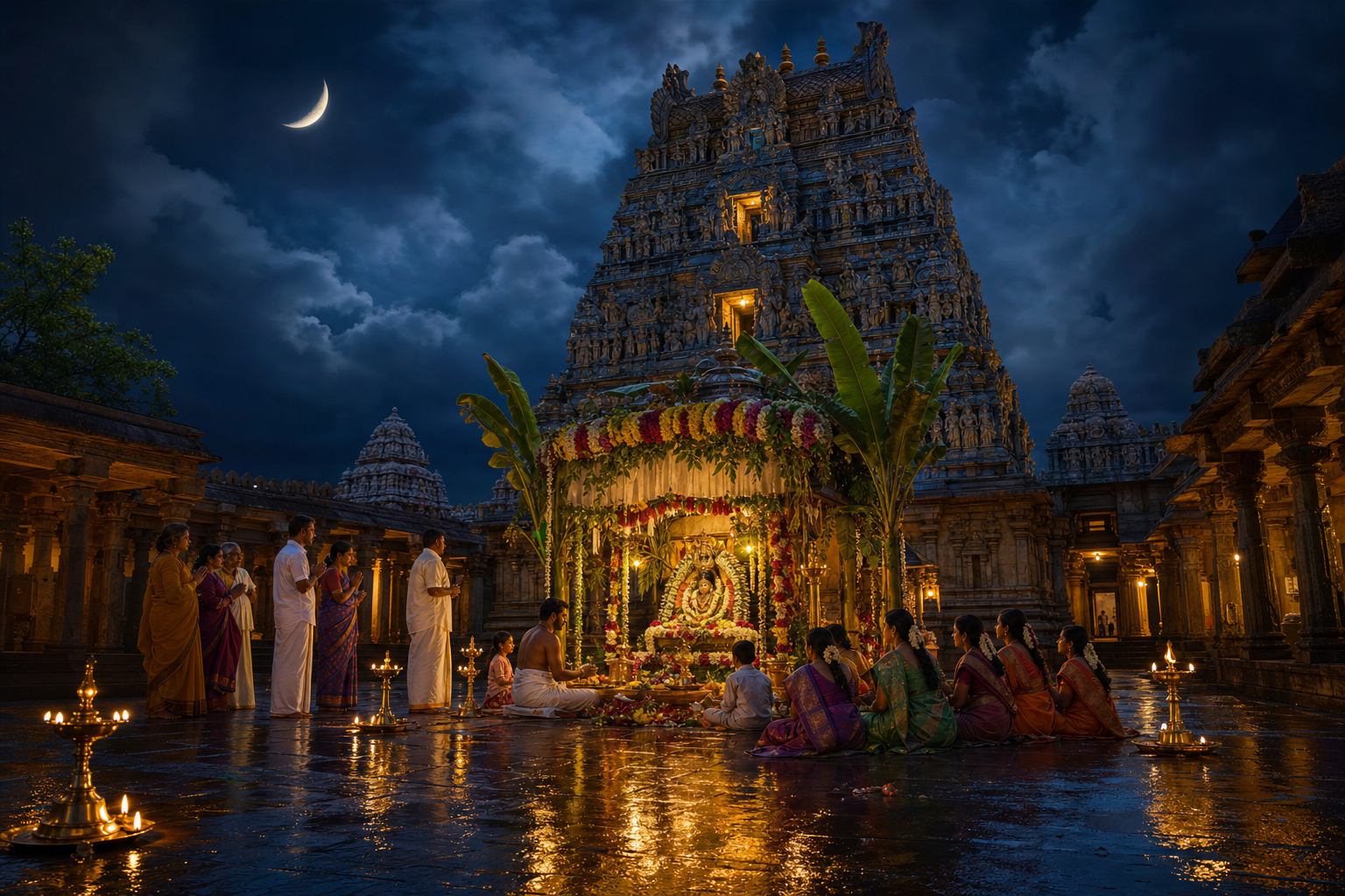 Crescent moon and monsoon clouds above a lamp-lit South Indian temple courtyard during a local Navaratri observance.