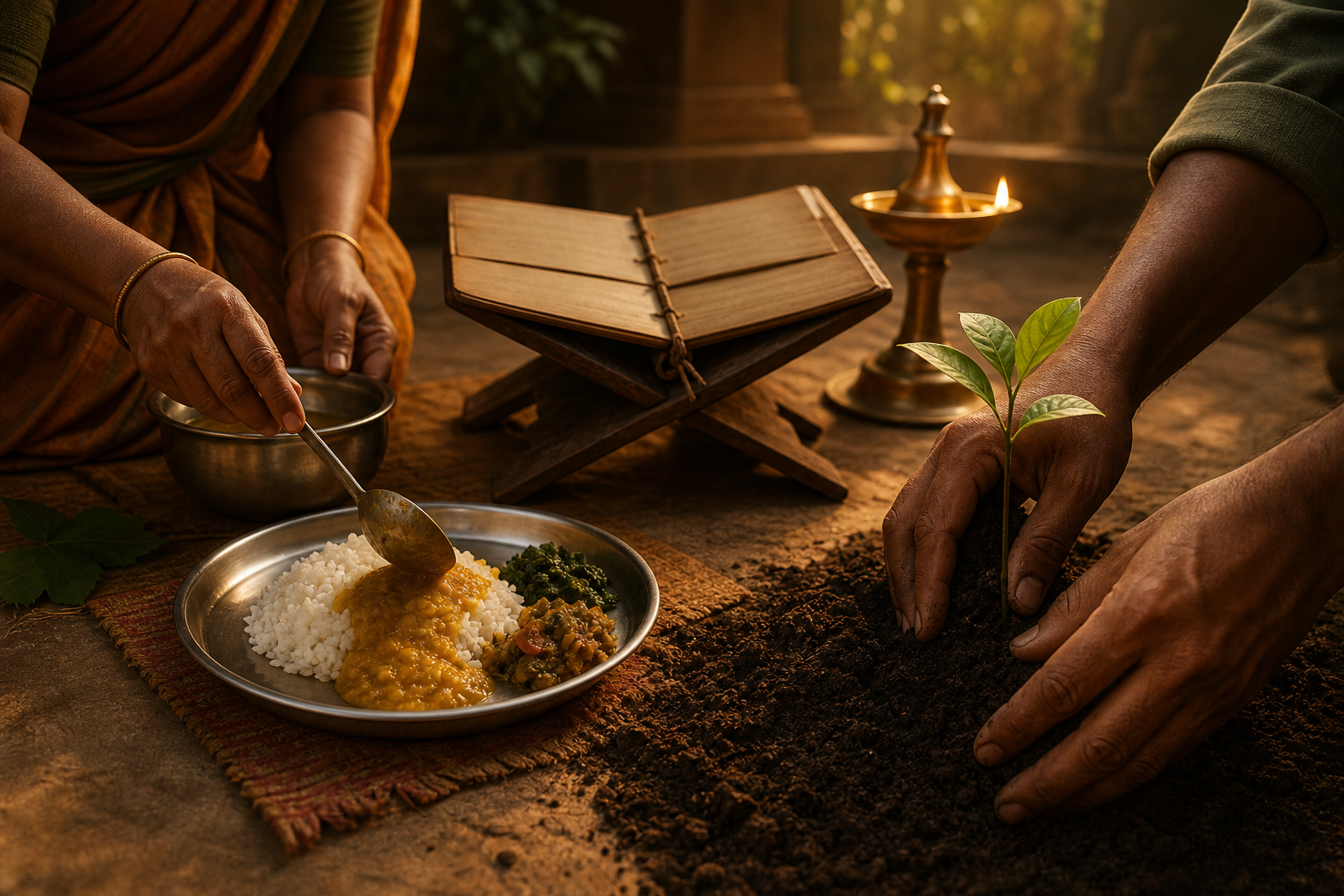 An unmarked palm-leaf manuscript is arranged beside hands serving a meal and planting a young sapling.
