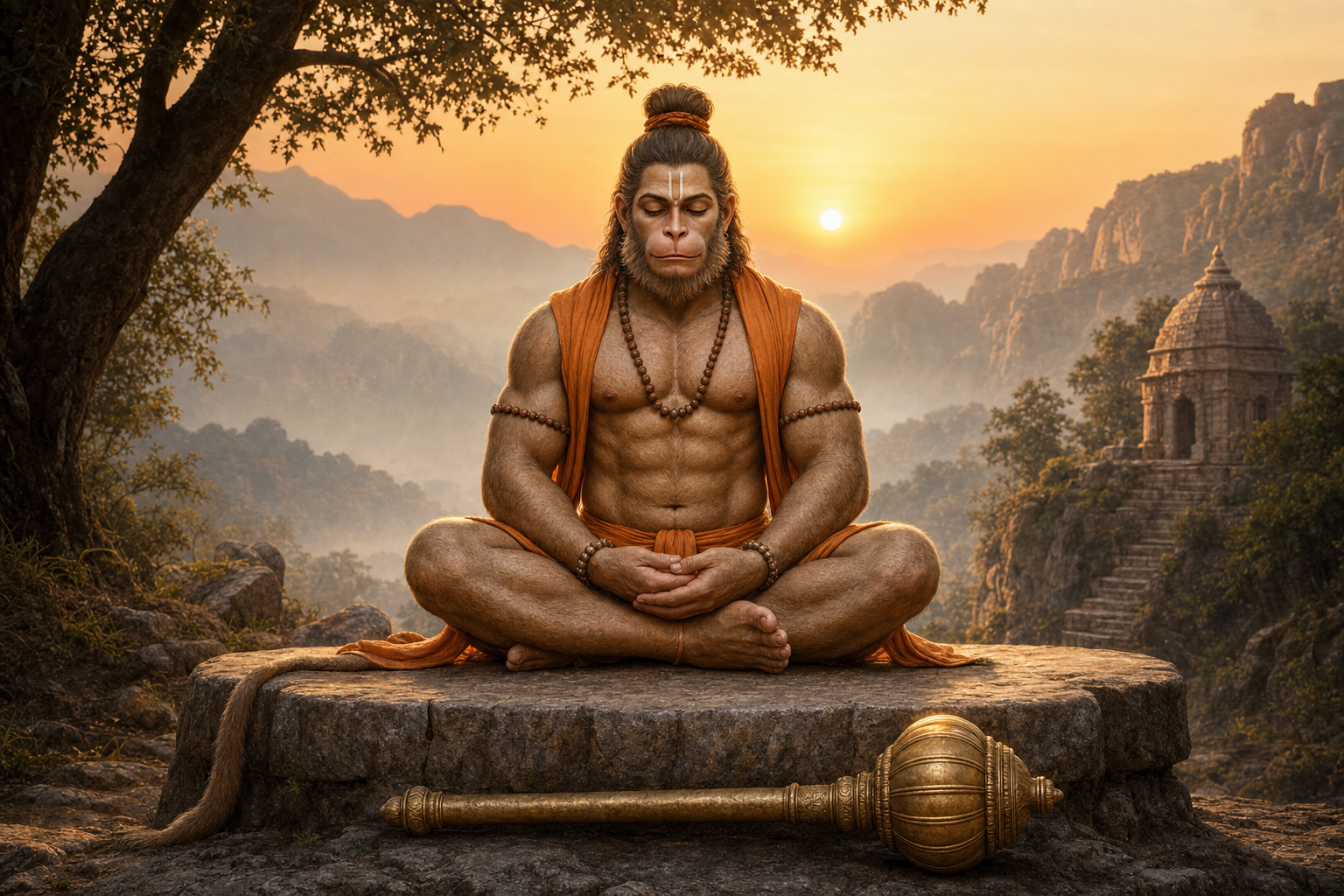 Hanuman meditates at dawn in saffron cloth while his mace rests on the stone platform beside him.