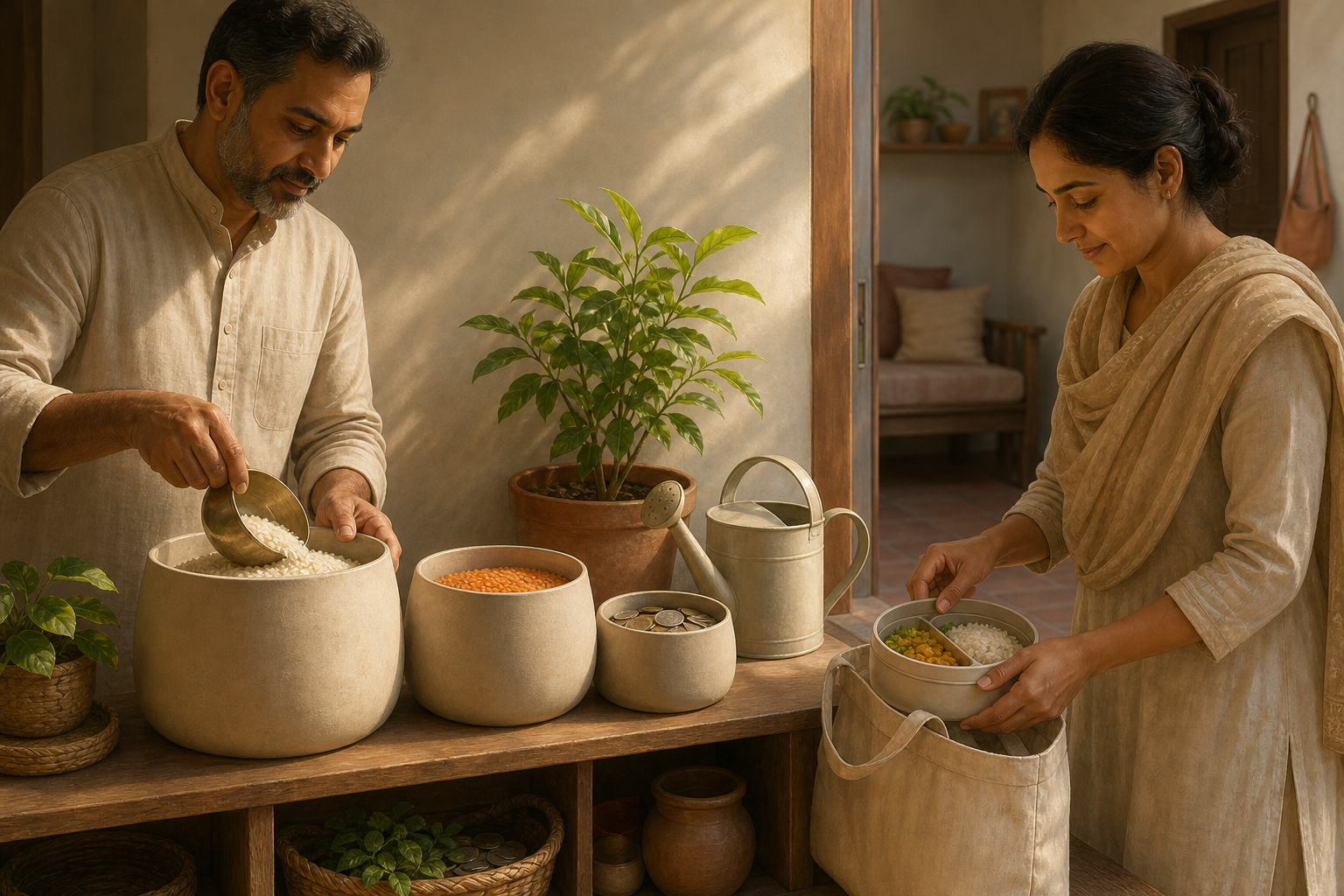 Two people add grain to a donation container and prepare a meal beside stored staples and a thriving young plant.