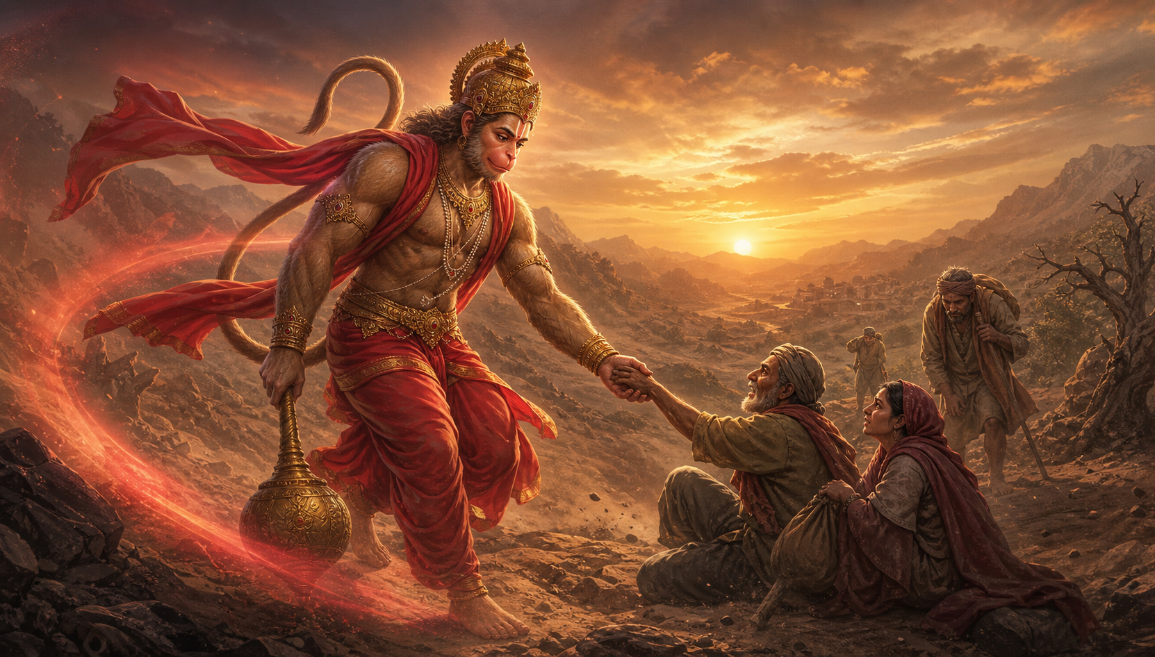 Hanuman in flowing scarlet cloth reaches out to help weary travelers on a windswept path while carrying a lowered mace.