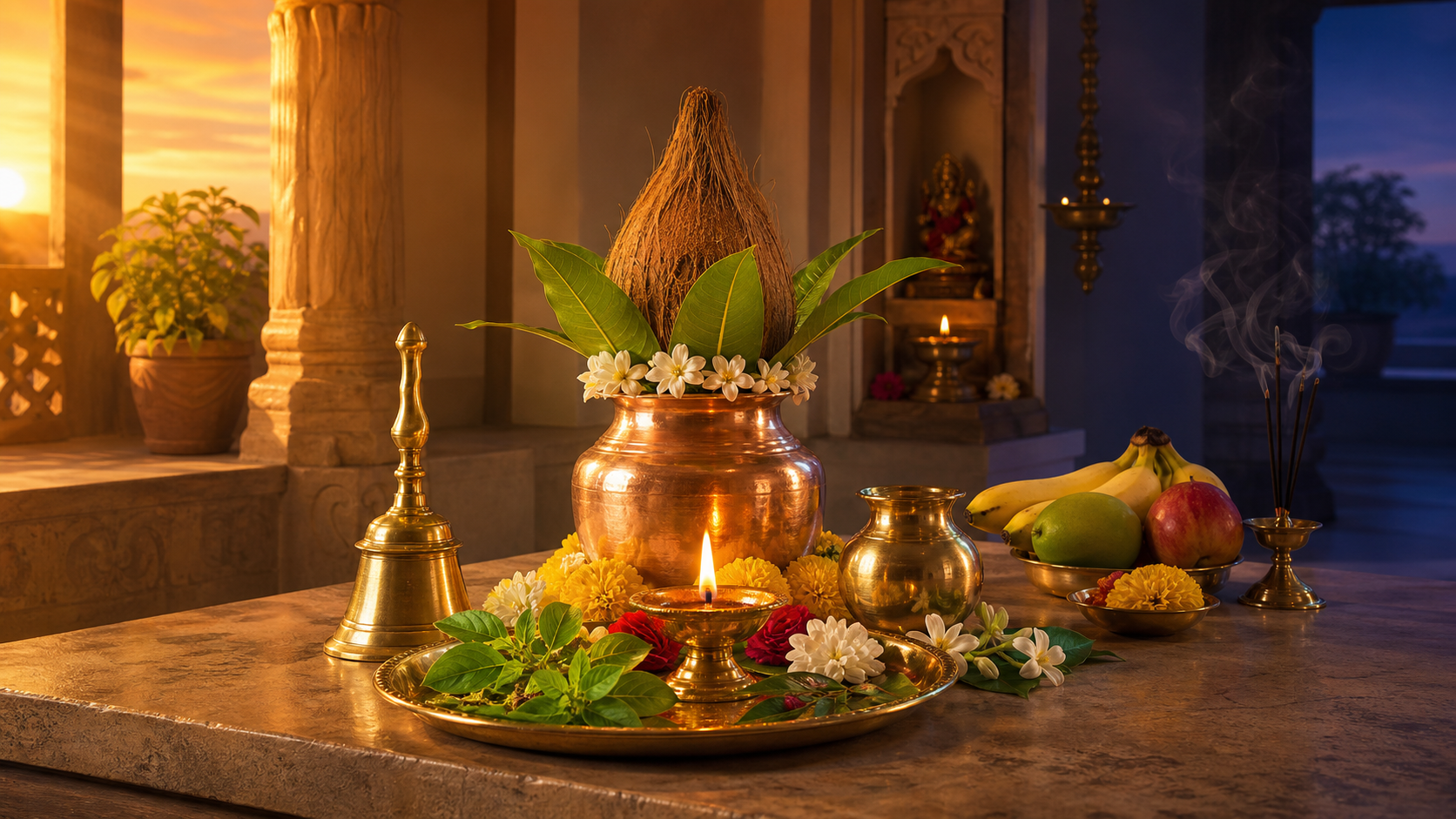 A brass diya, bell, copper kalash, tulsi leaves, flowers, and fruit arranged in a home puja alcove transitioning from golden daylight to blue dusk.