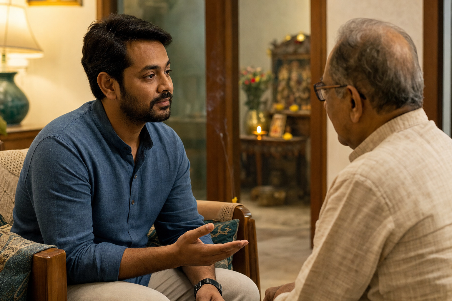 An adult listens calmly to an older relative during a conversation, with a lit household prayer lamp visible in the background.
