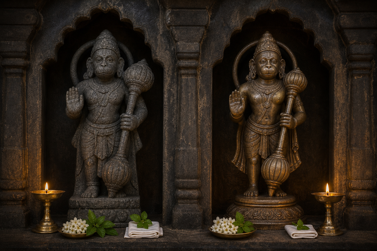 Unpainted granite and panchaloha Hanuman murtis stand in adjacent lamp-lit temple niches with flowers and leaves as offerings.