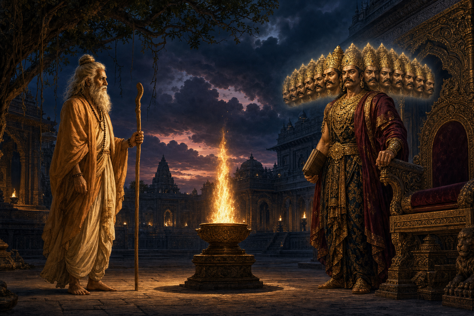 Sage Vasishta faces the crowned Ravana across a small ceremonial fire in a palace courtyard at twilight.