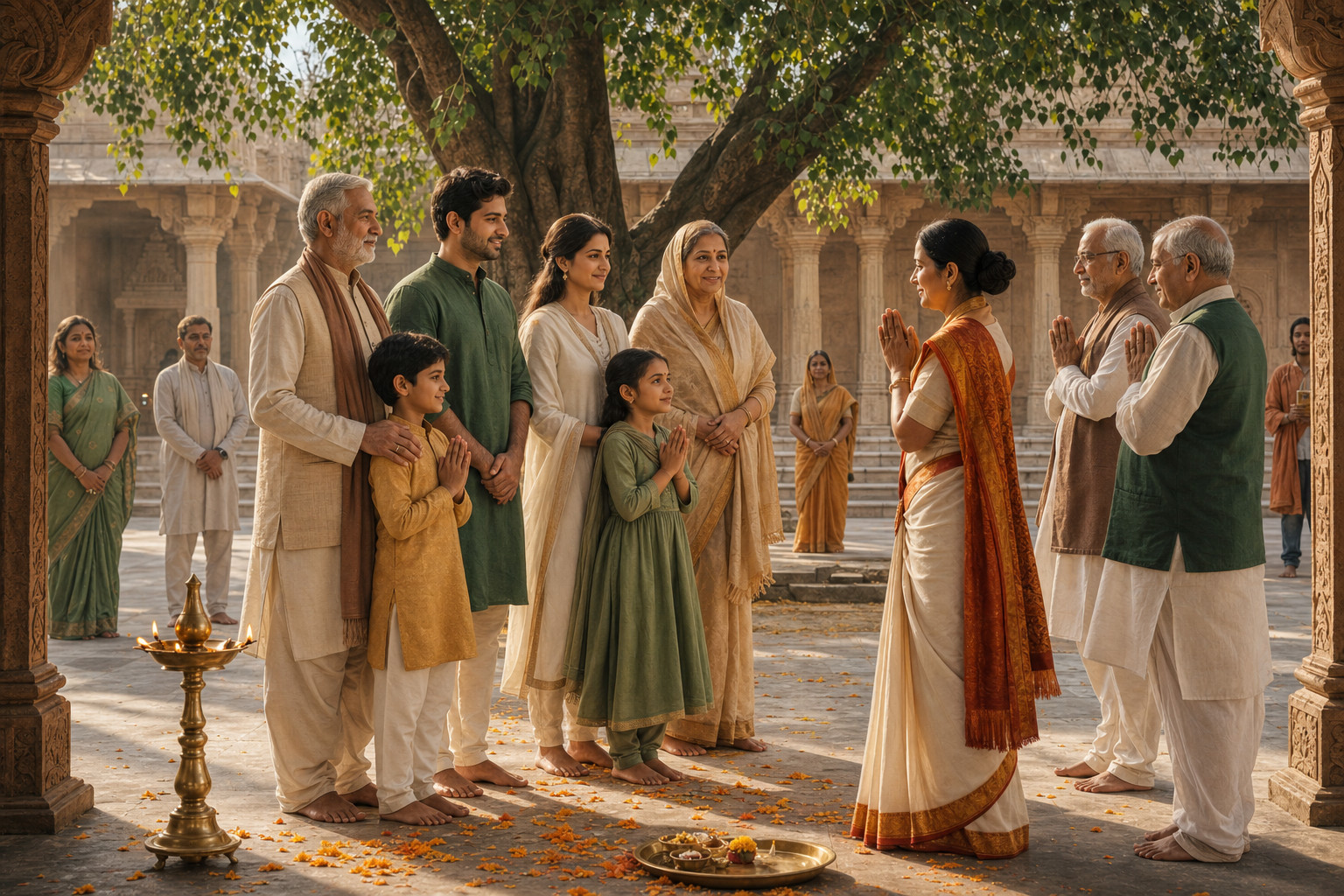 Illustration of a fictional family being welcomed by a priest and community elders in a sunlit Hindu temple courtyard.