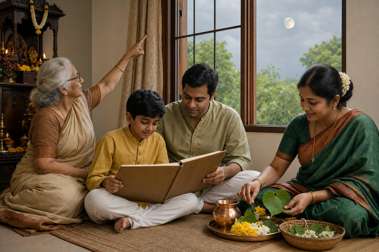Three generations of a household consult an almanac and prepare bilva leaves and offerings beside a home shrine.